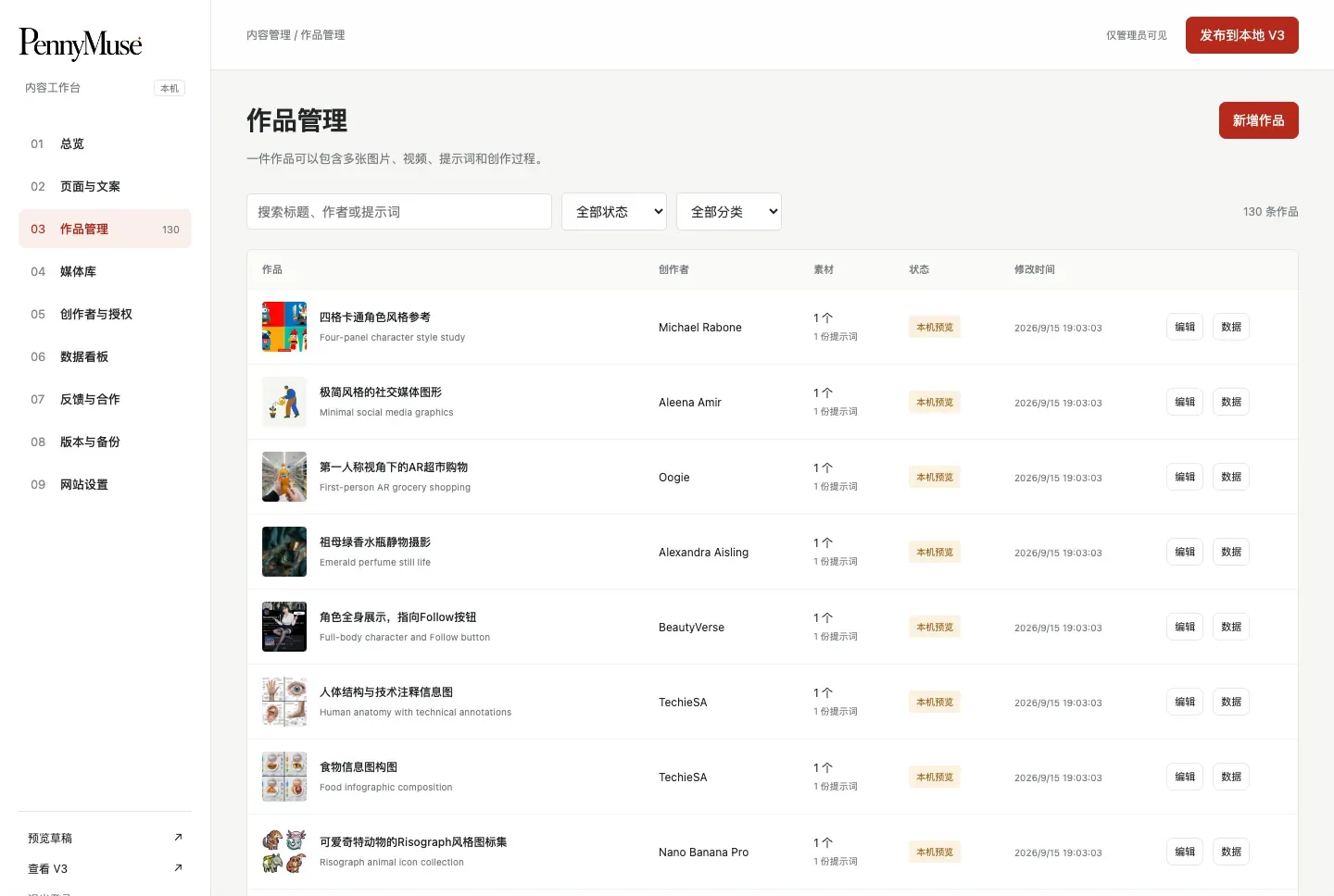 早期作品管理表格，历史演示界面
